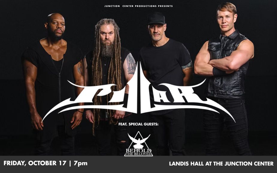 Four male band members of Pillar stand confidently against a black background, with the word "Pillar" in bold white text. They are promoting an event on Friday, October 17 at 7 PM at Landis Hall. The tone is strong and energetic.