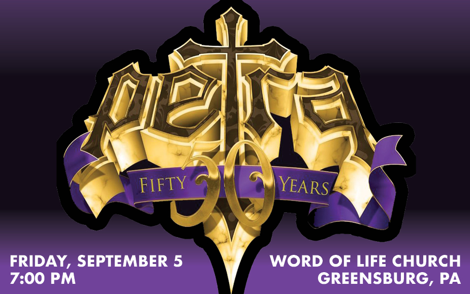 Petra 50th Anniversary Tour concert poster for September 5 at Word of Life Church in Greensburg, Pennsylvania, featuring gold and purple Petra logo with cross design and event details.