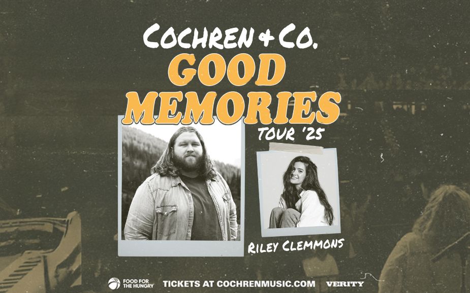 stadium tour with fuzzy background and two lead artists pictures. Cochren & Co.and Riley Clemmons, Good Memories tour