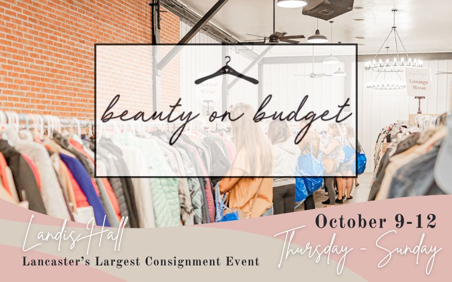 Beauty on Budget logo with racks of clothing and women shopping. Large consignment event flyer.