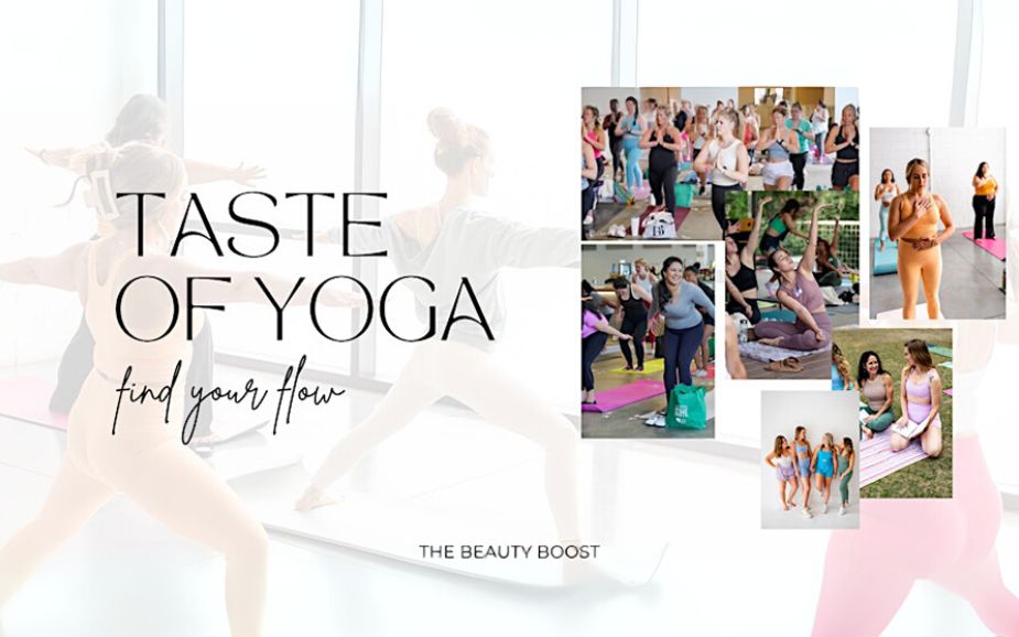 Women yoga event flyer with pictures of social event called "taste of Yoga"