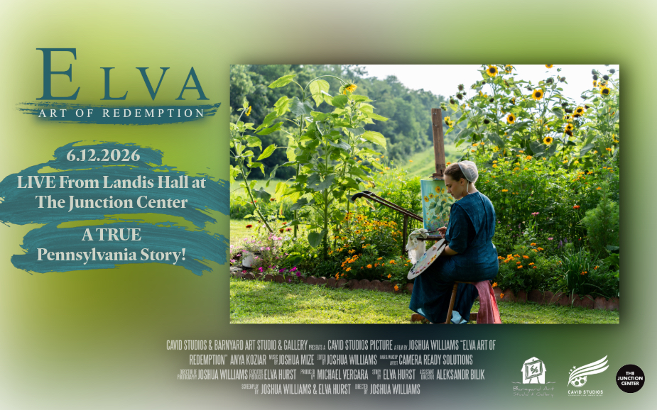 Promotional image for Elva: Art of Redemption showing a woman painting outdoors in a Pennsylvania garden.